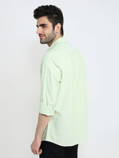 Colorplus Men Green Stripe Regular Fit Cotton Full Sleeve Casual Shirt