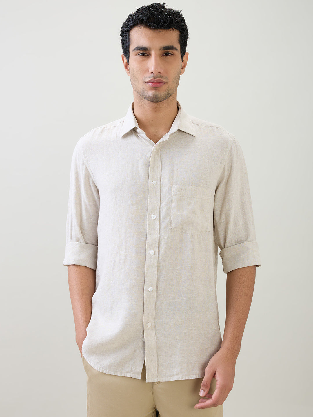 Colorplus Men Brown Solid Regular Fit Linen Full Sleeve Casual Shirt