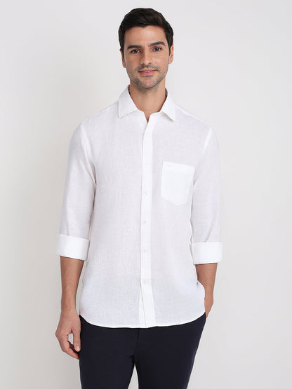 Colorplus Men White Solid Regular Fit Linen Full Sleeve Casual Shirt