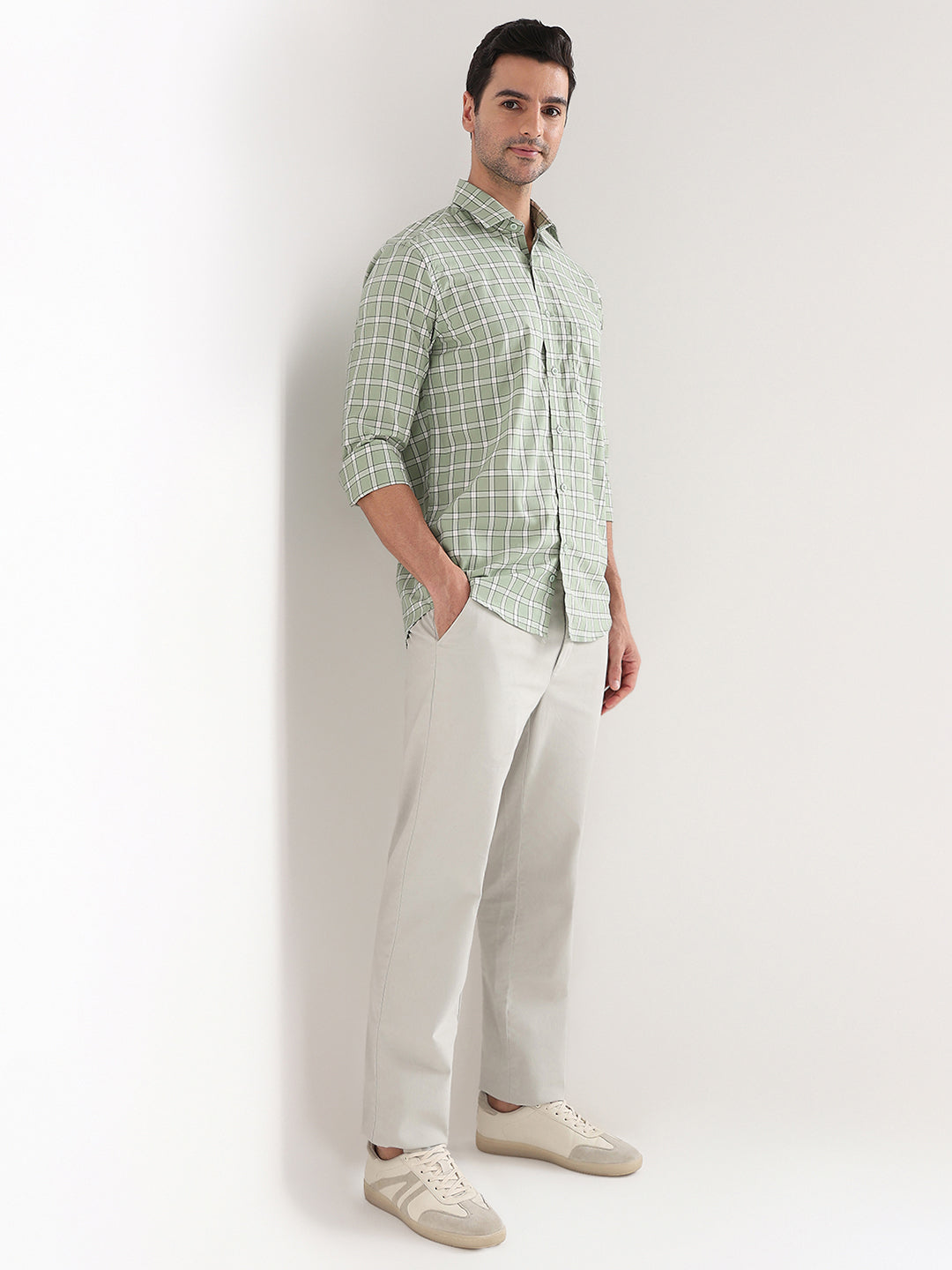 Colorplus Men Green Checks Regular Fit Cotton Full Sleeve Casual Shirt