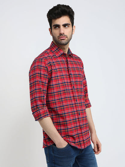 Colorplus Men Red Checks Regular Fit Cotton Full Sleeve Casual Shirt