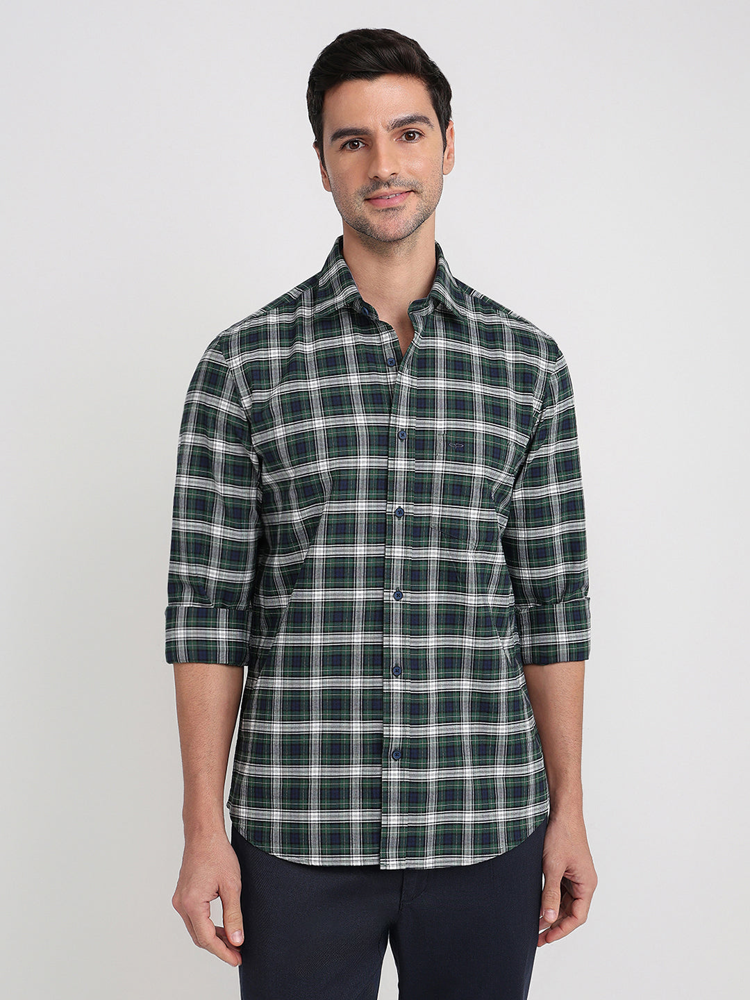 Colorplus Men Green Checks Regular Fit Cotton Full Sleeve Casual Shirt