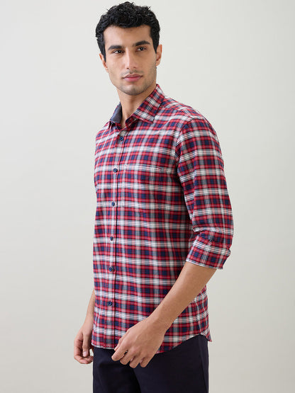Colorplus Men Red Checks Regular Fit Cotton Full Sleeve Casual Shirt