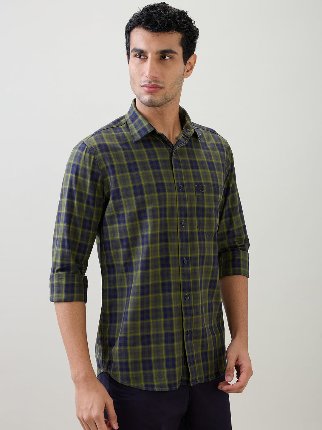 Colorplus Men Green Checks Regular Fit Cotton Full Sleeve Casual Shirt