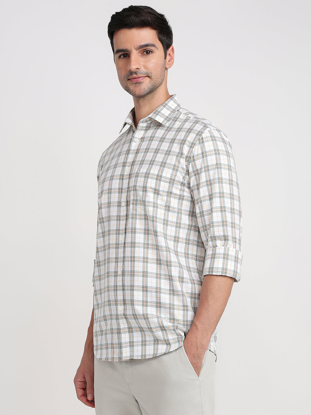 Colorplus Men White Checks Regular Fit Cotton Full Sleeve Casual Shirt