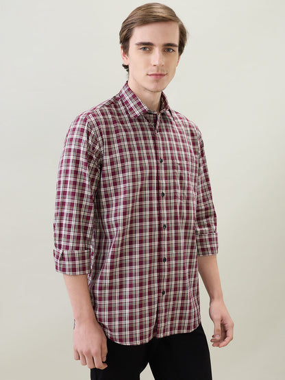 Colorplus Men Maroon Checks Regular Fit Cotton Full Sleeve Casual Shirt