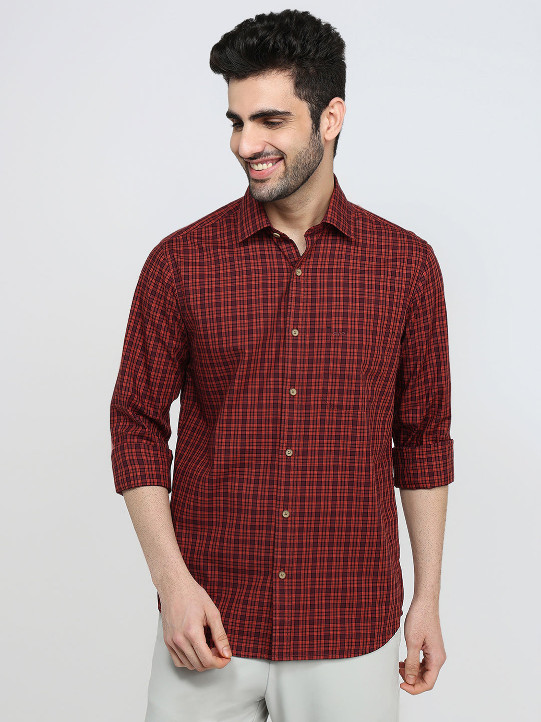 Colorplus Men Brown Checks Regular Fit Cotton Full Sleeve Casual Shirt