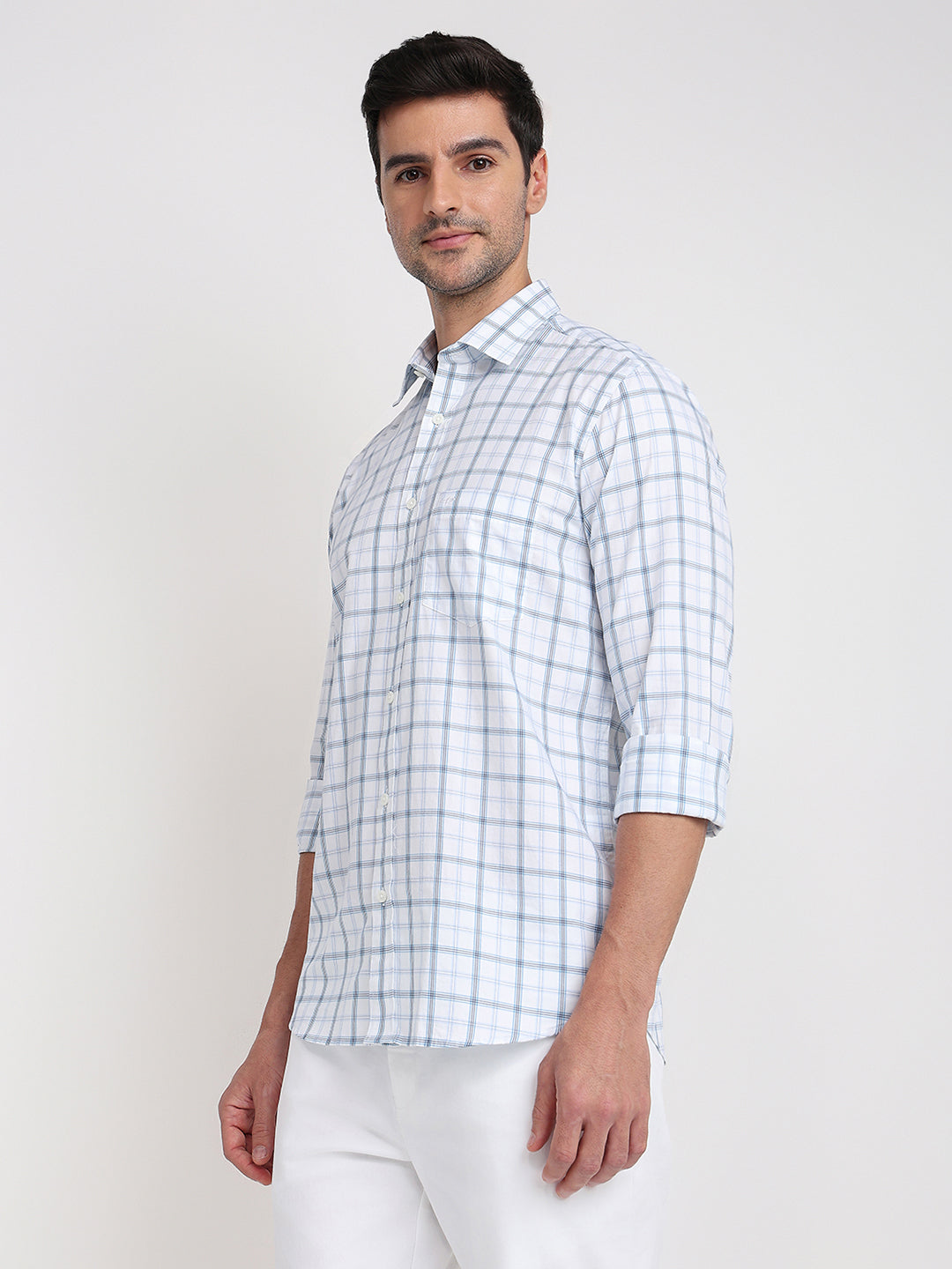 Colorplus Men White Checks Regular Fit Cotton Full Sleeve Casual Shirt