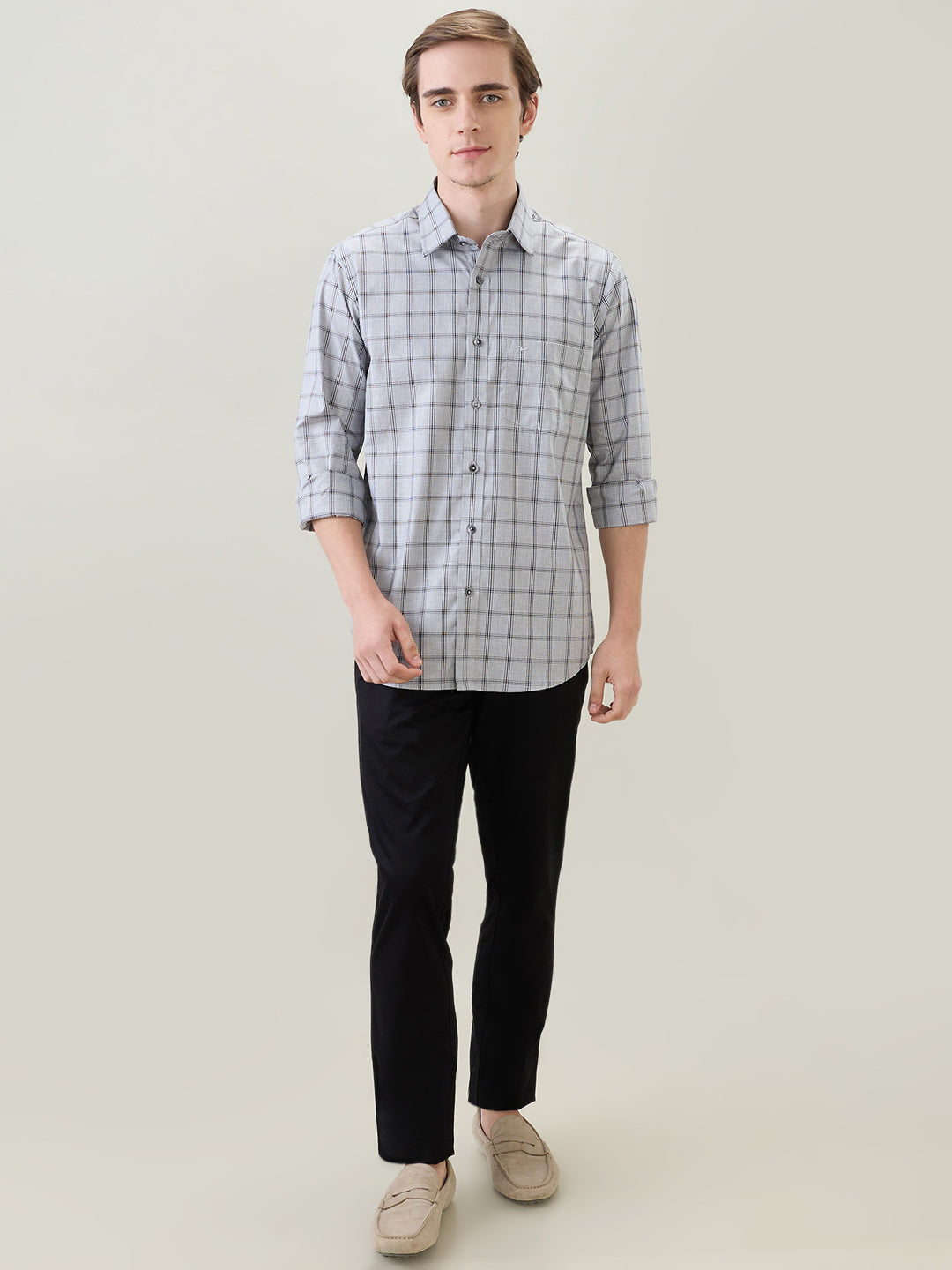 Colorplus Men Grey Checks Regular Fit Cotton Full Sleeve Casual Shirt