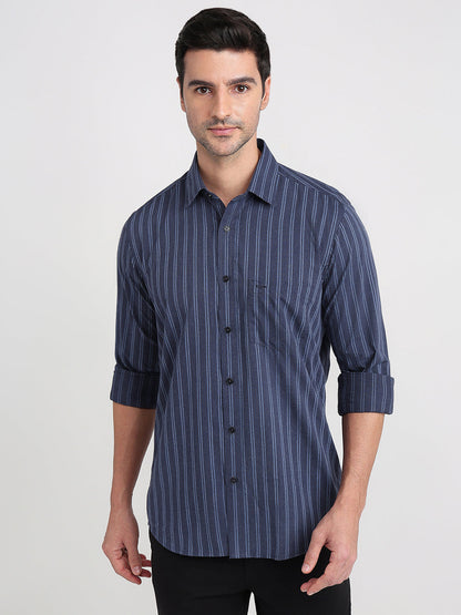 Colorplus Men Blue Stripe Regular Fit Cotton Full Sleeve Casual Shirt