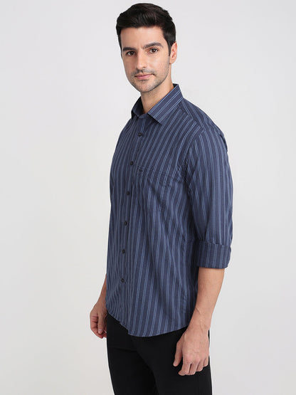 Colorplus Men Blue Stripe Regular Fit Cotton Full Sleeve Casual Shirt