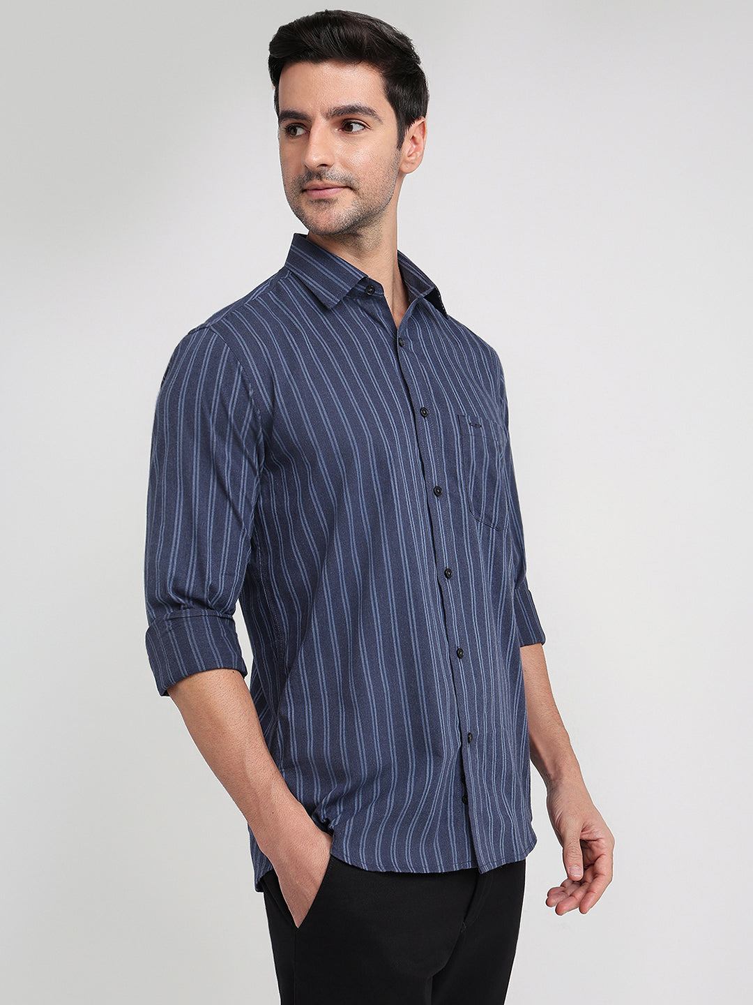 Colorplus Men Blue Stripe Regular Fit Cotton Full Sleeve Casual Shirt