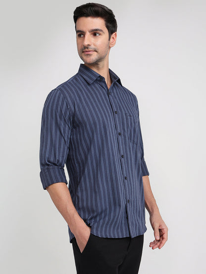 Colorplus Men Blue Stripe Regular Fit Cotton Full Sleeve Casual Shirt