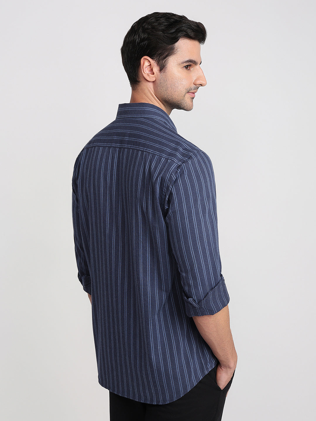 Colorplus Men Blue Stripe Regular Fit Cotton Full Sleeve Casual Shirt