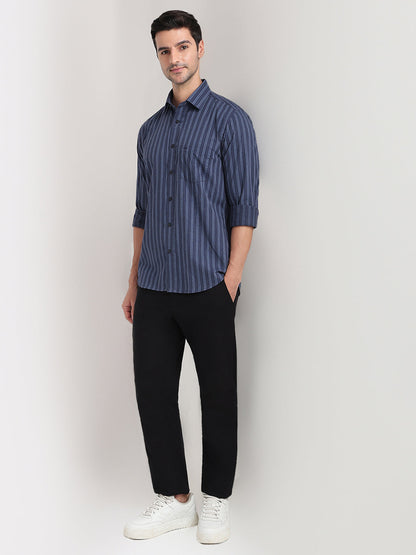 Colorplus Men Blue Stripe Regular Fit Cotton Full Sleeve Casual Shirt