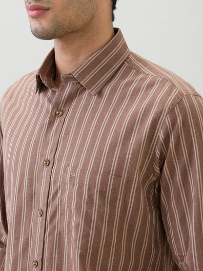 Colorplus Men Brown Stripe Regular Fit Cotton Full Sleeve Casual Shirt