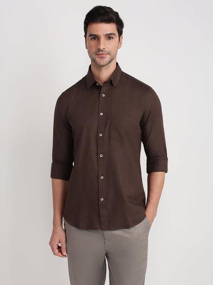 Colorplus Men Brown Solid Regular Fit Cotton Full Sleeve Casual Shirt