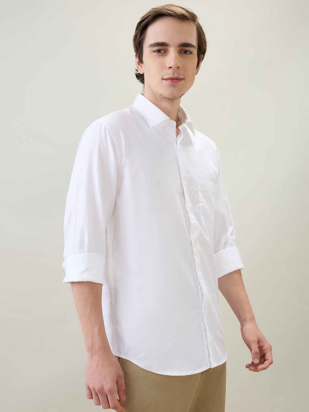 Colorplus Men White Jacquard Regular Fit Cotton Full Sleeve Casual Shirt