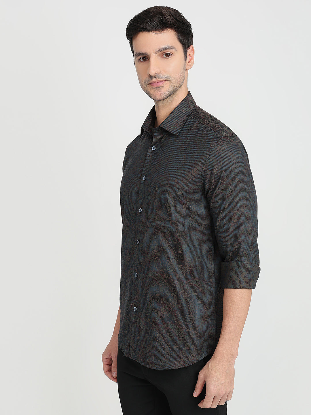 Colorplus Men Green Jacquard Regular Fit Cotton Full Sleeve Casual Shirt