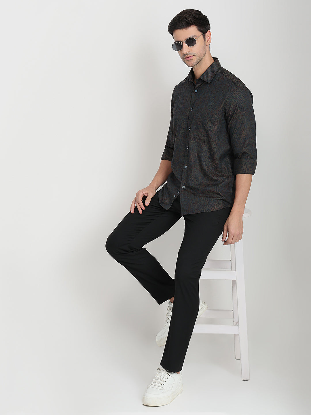 Colorplus Men Green Jacquard Regular Fit Cotton Full Sleeve Casual Shirt