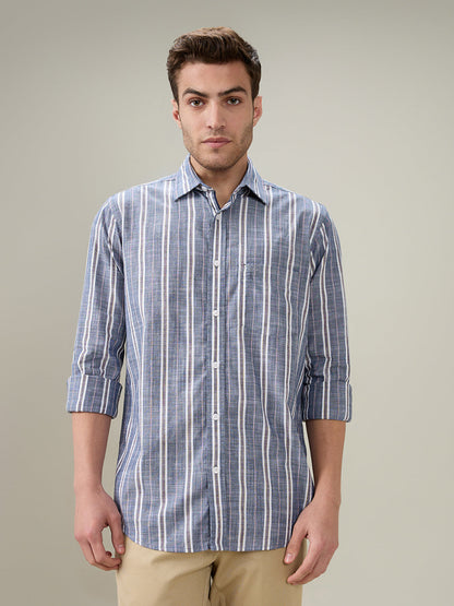 Colorplus Men Blue Stripe Regular Fit Cotton Full Sleeve Casual Shirt