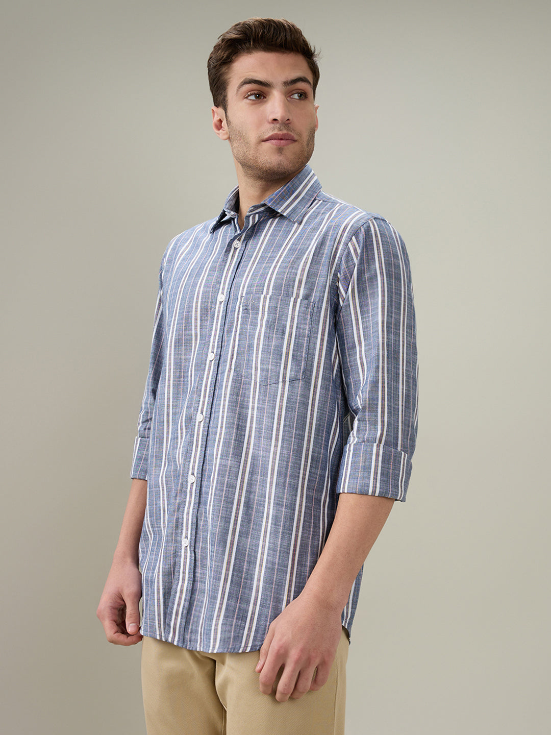 Colorplus Men Blue Stripe Regular Fit Cotton Full Sleeve Casual Shirt