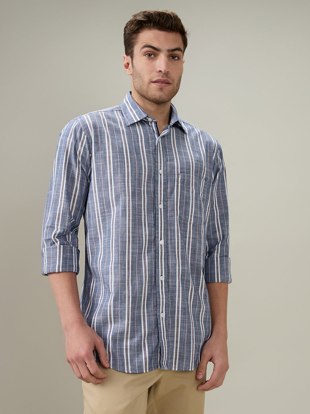 Colorplus Men Blue Stripe Regular Fit Cotton Full Sleeve Casual Shirt