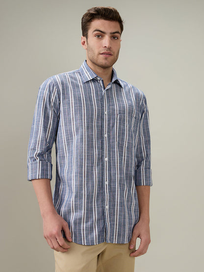 Colorplus Men Blue Stripe Regular Fit Cotton Full Sleeve Casual Shirt