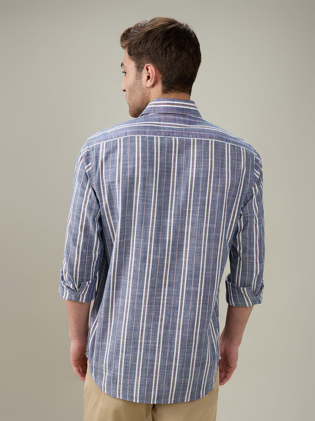 Colorplus Men Blue Stripe Regular Fit Cotton Full Sleeve Casual Shirt