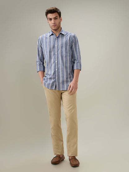 Colorplus Men Blue Stripe Regular Fit Cotton Full Sleeve Casual Shirt