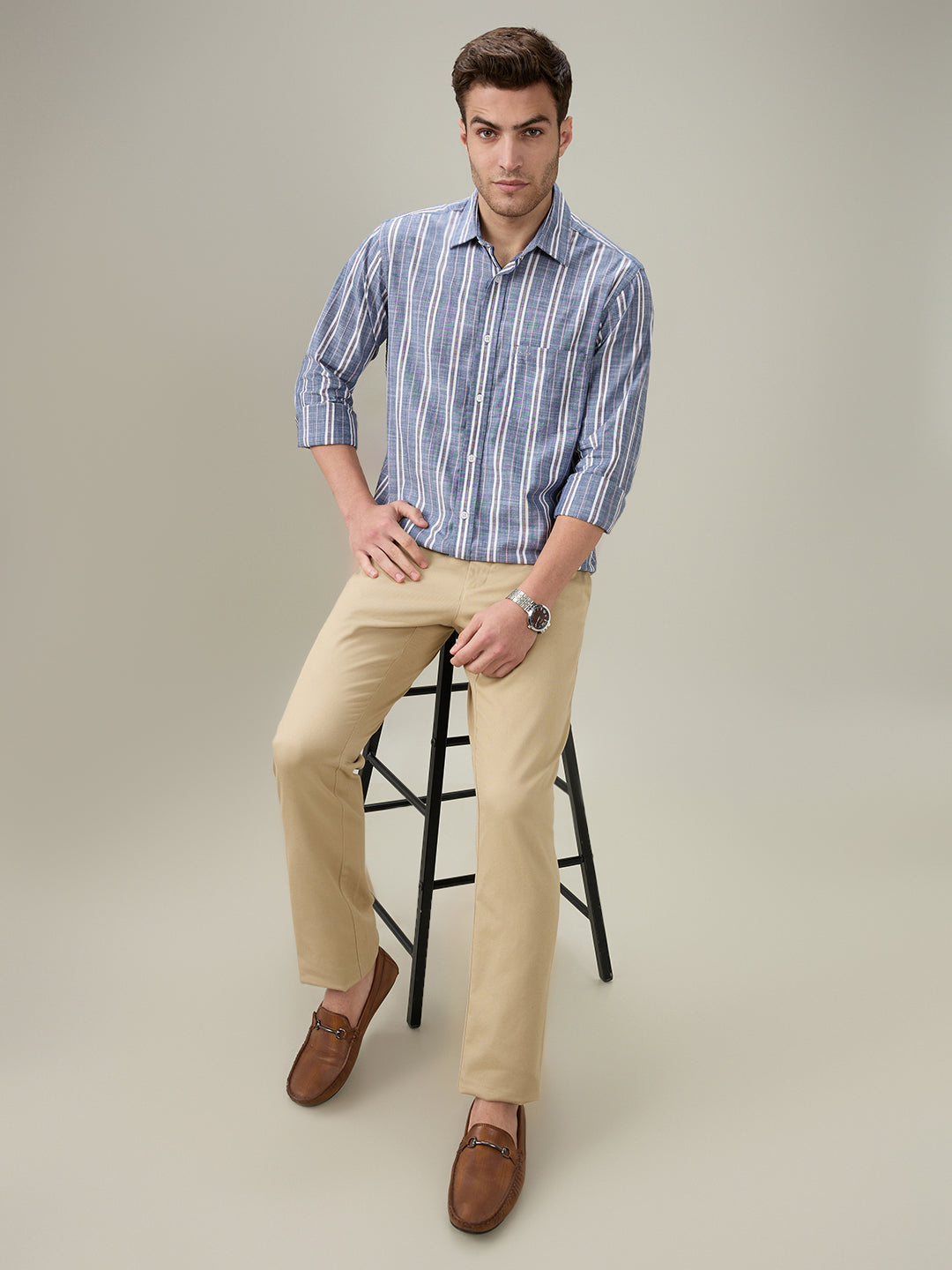 Colorplus Men Blue Stripe Regular Fit Cotton Full Sleeve Casual Shirt