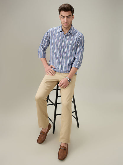 Colorplus Men Blue Stripe Regular Fit Cotton Full Sleeve Casual Shirt