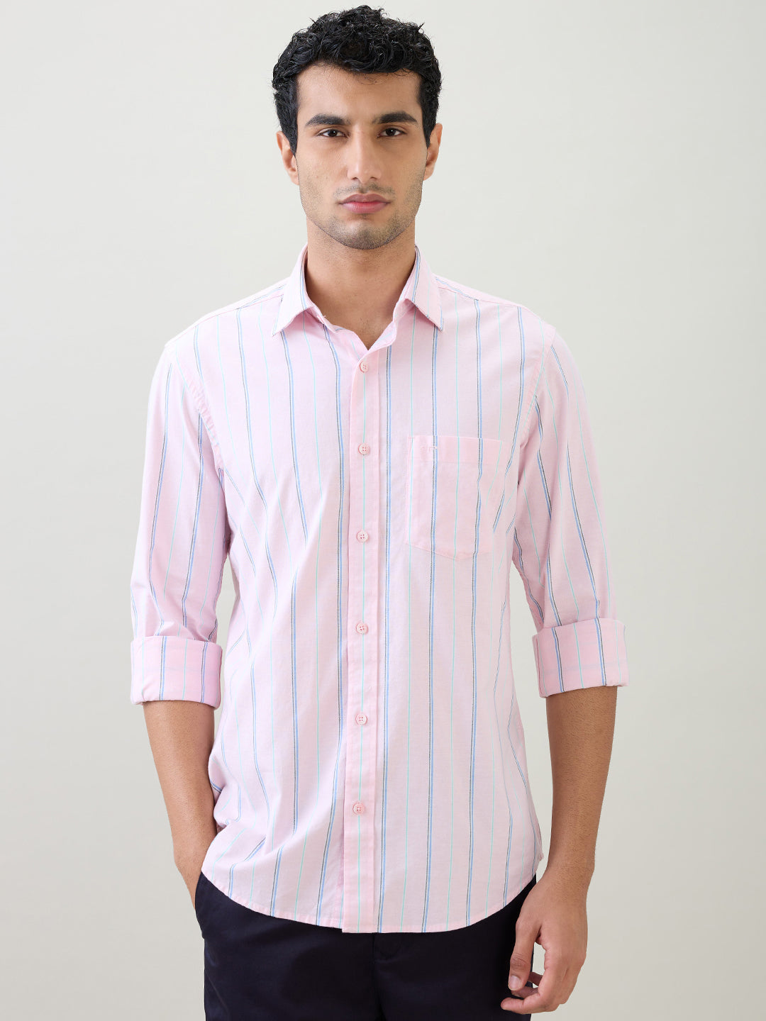 Colorplus Men Red Stripe Regular Fit Cotton Blend Full Sleeve Casual Shirt