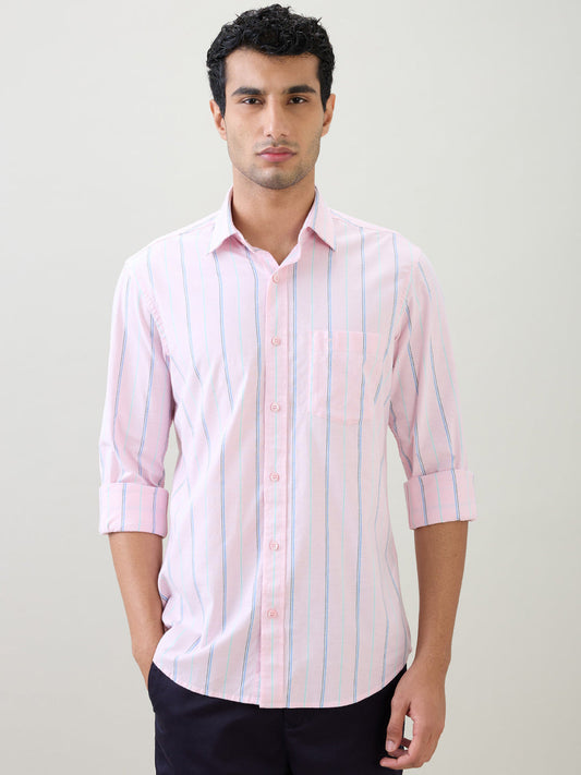 Colorplus Men Red Stripe Regular Fit Cotton Blend Full Sleeve Casual Shirt