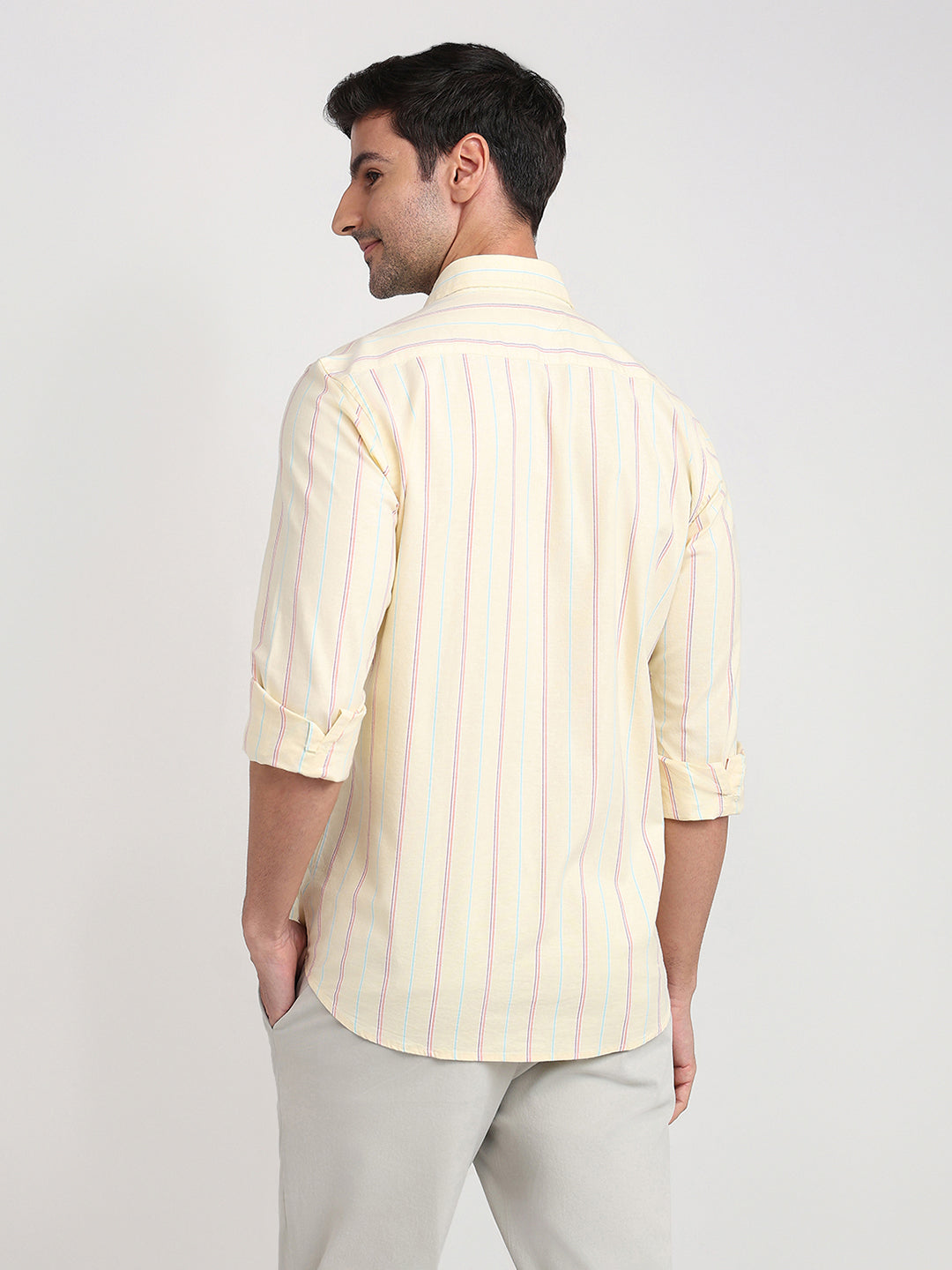 Colorplus Men Yellow Stripe Regular Fit Cotton Blend Full Sleeve Casual Shirt
