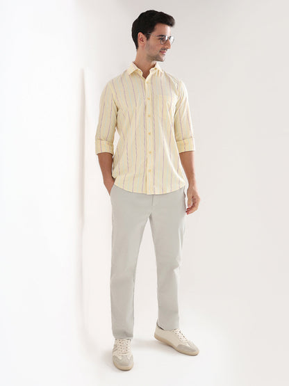 Colorplus Men Yellow Stripe Regular Fit Cotton Blend Full Sleeve Casual Shirt