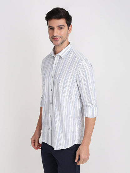 Colorplus Men White Stripe Regular Fit Cotton Blend Full Sleeve Casual Shirt