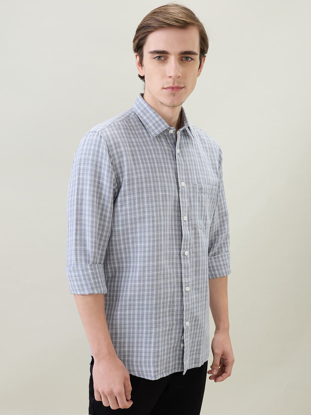 Colorplus Men Grey Checks Regular Fit Linen Blend Full Sleeve Casual Shirt