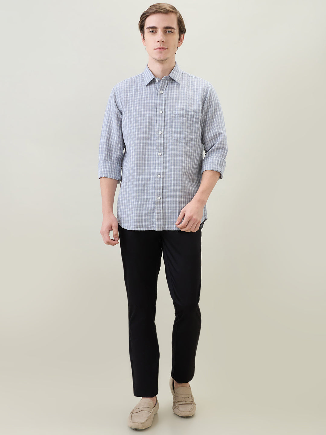 Colorplus Men Grey Checks Regular Fit Linen Blend Full Sleeve Casual Shirt