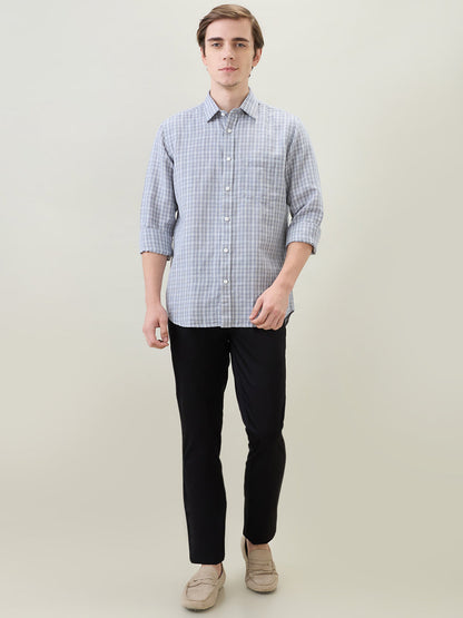 Colorplus Men Grey Checks Regular Fit Linen Blend Full Sleeve Casual Shirt