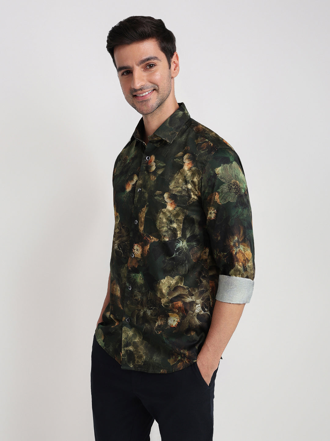 Colorplus Men Green Printed Regular Fit Cotton Full Sleeve Casual Shirt