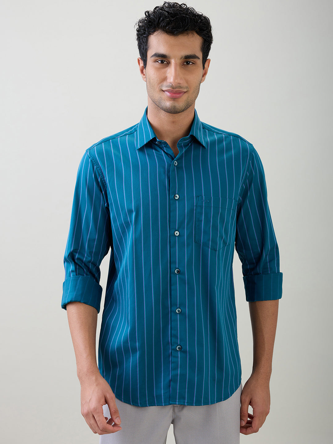 Colorplus Men Blue Stripe Regular Fit Cotton Full Sleeve Casual Shirt