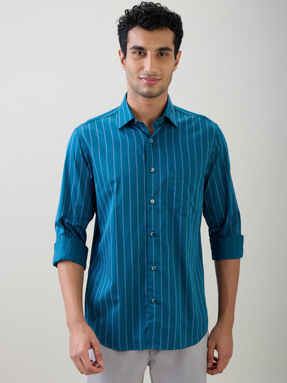Colorplus Men Blue Stripe Regular Fit Cotton Full Sleeve Casual Shirt