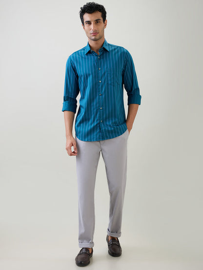 Colorplus Men Blue Stripe Regular Fit Cotton Full Sleeve Casual Shirt
