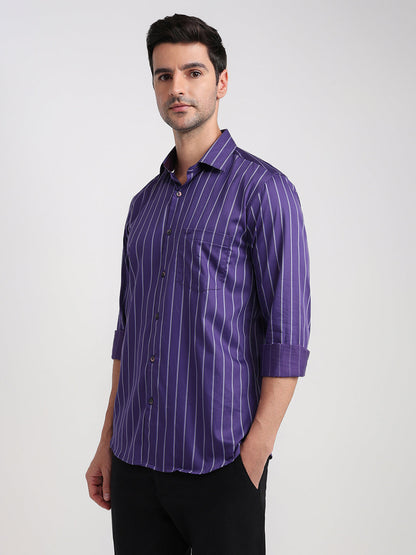Colorplus Men Purple Stripe Regular Fit Cotton Full Sleeve Casual Shirt