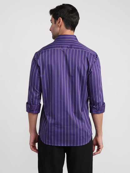 Colorplus Men Purple Stripe Regular Fit Cotton Full Sleeve Casual Shirt