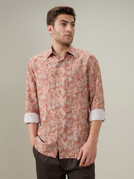 Colorplus Men Orange Printed Regular Fit Linen Blend Full Sleeve Casual Shirt