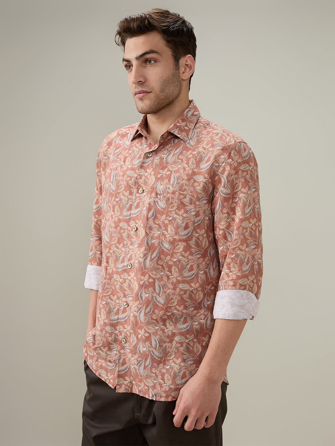 Colorplus Men Orange Printed Regular Fit Linen Blend Full Sleeve Casual Shirt