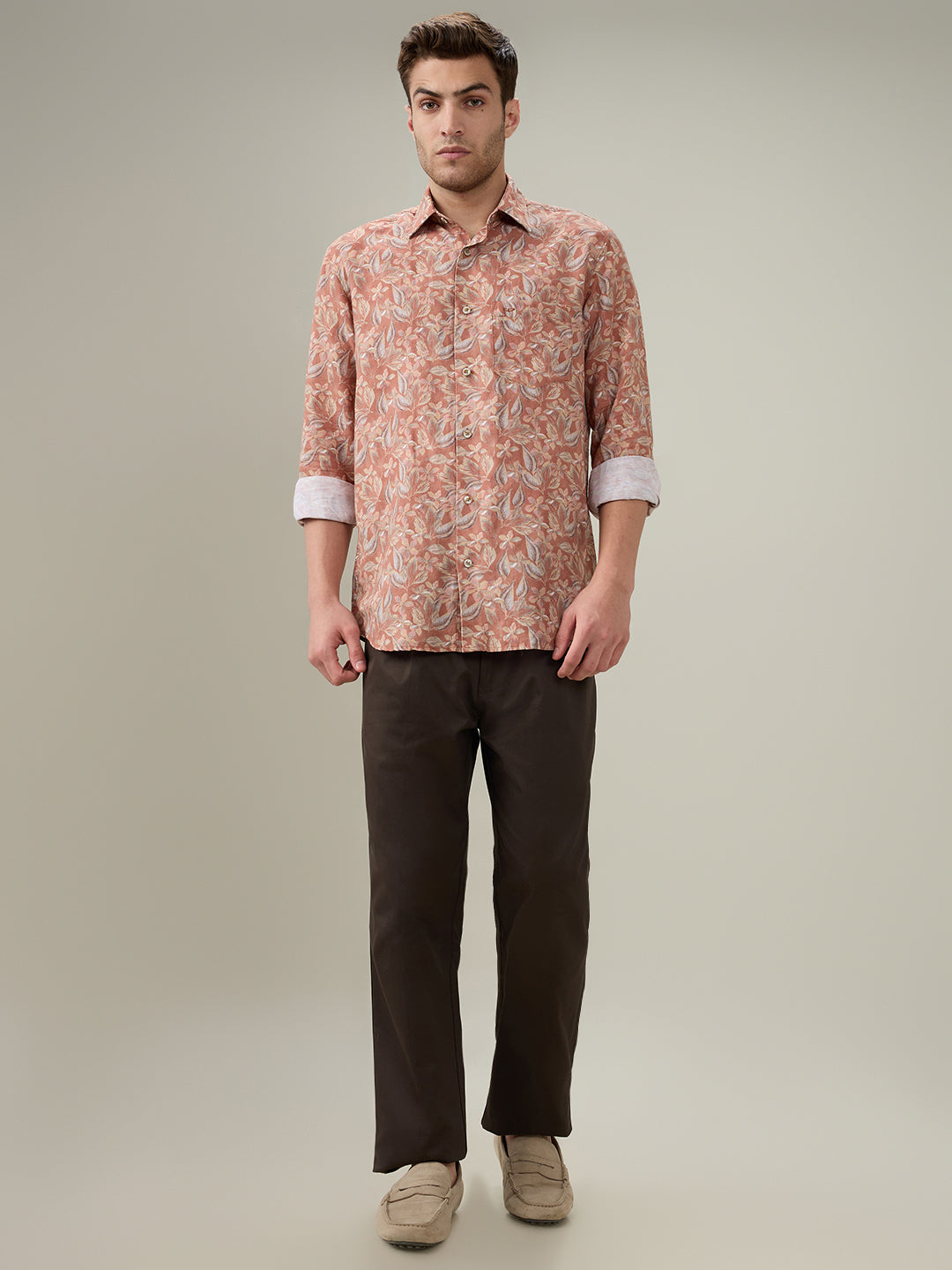 Colorplus Men Orange Printed Regular Fit Linen Blend Full Sleeve Casual Shirt