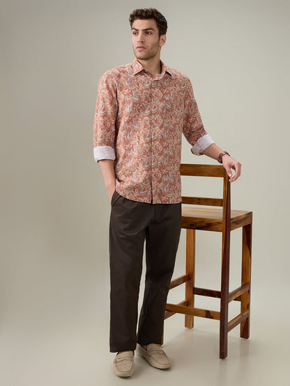Colorplus Men Orange Printed Regular Fit Linen Blend Full Sleeve Casual Shirt